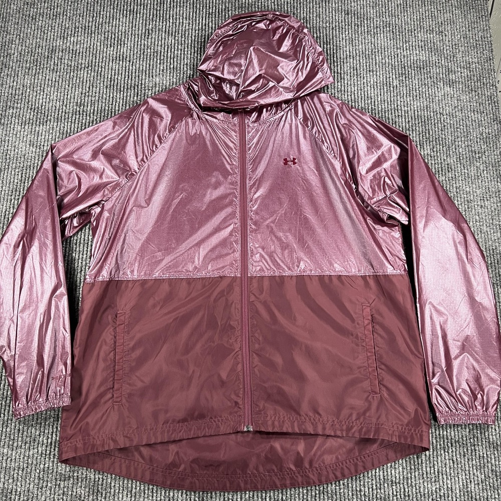 Under Armour Jacket Womens Large Pink Hooded Zip Colorblock Running Windbreaker